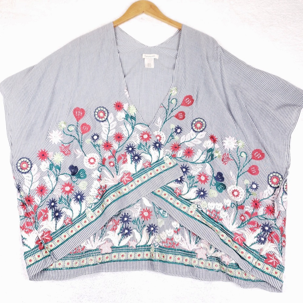 Francescas Blue White Pinstripe Floral Embroidered Kimono Wrap Top OS Farmhouse